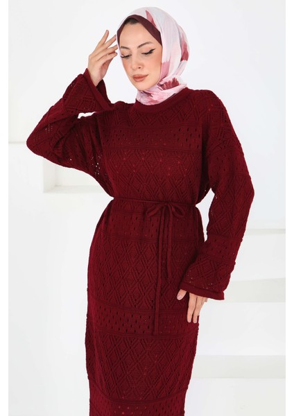 Baklava Desen Astarlı Triko Elbise Bordo - 27712