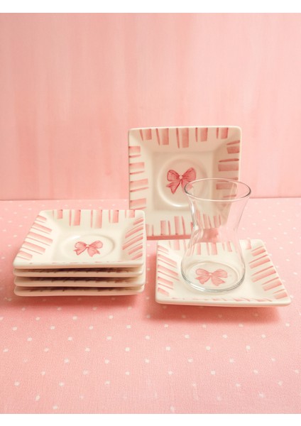 6’lı Çay Bardağı Altlığı Seti Pembe Fiyonk Seramik El Yapımı Zarif Tasarım Misafirlik Çay Tabakları