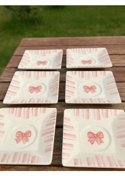 6’lı Çay Bardağı Altlığı Seti Pembe Fiyonk Seramik El Yapımı Zarif Tasarım Misafirlik Çay Tabakları modelleri