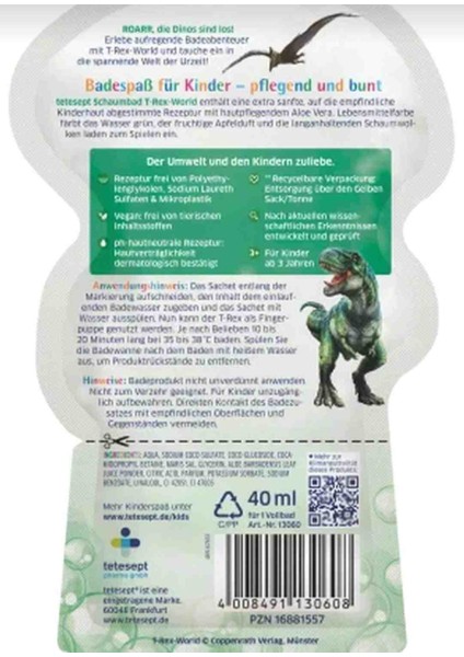 Tetesept Alman Kalitesi Çocuklar Için Yeşil Renkli T-Rex Dinazorlu Banyo Köpüğü 40ML fiyatları