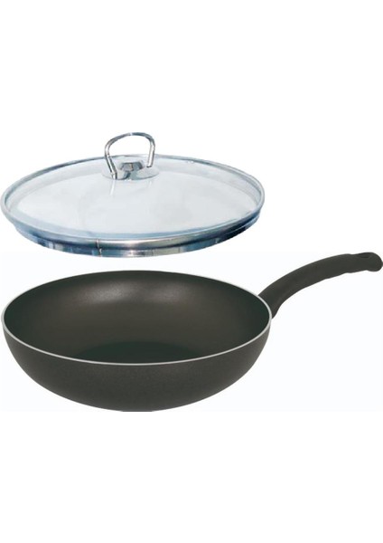 Teflon Wok Tava - 24 cm Cam Kapaklı