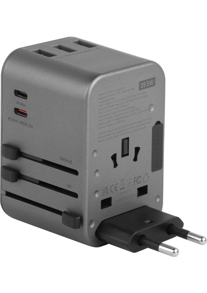 Travelworld 35 Universal 35W Type-C 15W Type-C ve 12W USB Çıkışlı Pd Hızlı Şarj Aleti - Koyu Gri fırsatları
