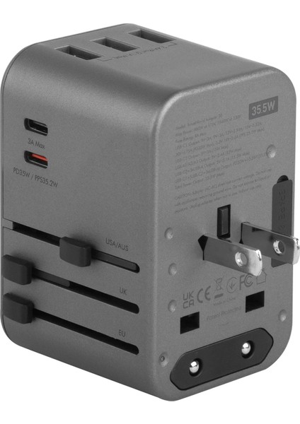 Travelworld 35 Universal 35W Type-C 15W Type-C ve 12W USB Çıkışlı Pd Hızlı Şarj Aleti - Koyu Gri indirimleri