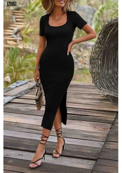 Kadın Kısa Kollu Kare Yaka Yandan Yırtmaçlı Fitilli Kaşkorse Elbise, Kırmızı Gül Figürlü Kolye Hediye