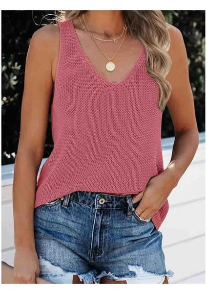 Kadın Kolsuz V Yaka Kalın Askılı Triko Bluz, Kırmızı Gül Figürlü Kolye Hediye fiyatları