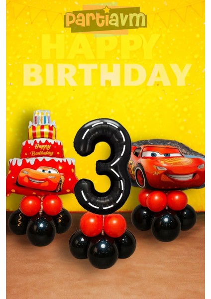 3 Yaş Cars Arabalar Şimşek Mcqueen Yarış Arabası Konsept Doğum Günü Seti Pasta Balonu ve Araba Rakam