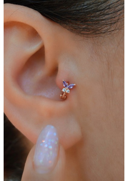 Minik Mor Kanatlı Kelebek Piercing | Rose Renk Zirkon Taşlı