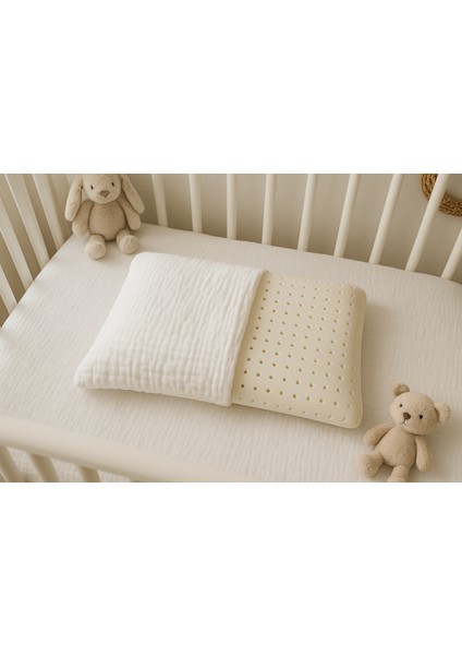 Hava Kanallı Ortopedik Visco Bebek Yastığı 40X26 cm Terletmeyen 1 Yastık + %100 Pamuk Müslin Kılıf
