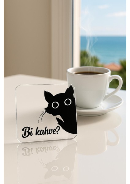 Kedi Desenli Pleksi 4'lü Bardak Altlığı Fincan Altlığı Kupa Altı