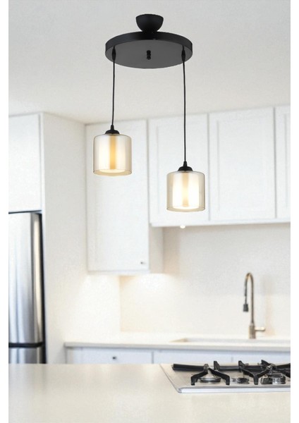 Çift Camlı Modern Sarkıt Avize – Siyah & Bal Renkli Şık Tasarım fiyatları