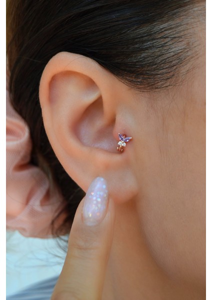 Minik Mor Kanatlı Kelebek Piercing | Rose Renk Zirkon Taşlı indirimleri