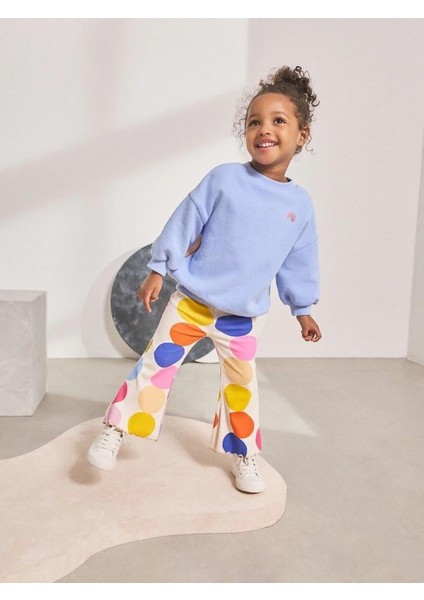 Kız Çocuk Pamuklu Mavi Sweatshirt ve Renkli Puantiyeli Flare Pantolon Takım - Enerjik Stil
