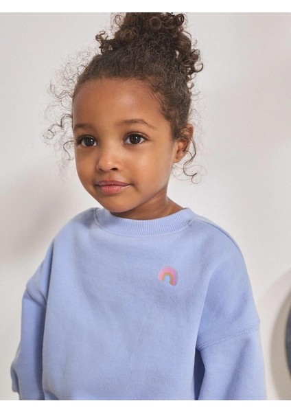 Kız Çocuk Pamuklu Mavi Sweatshirt ve Renkli Puantiyeli Flare Pantolon Takım - Enerjik Stil fiyatları