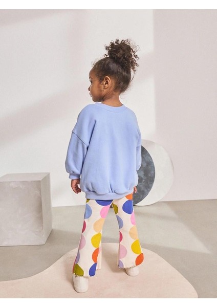 Kız Çocuk Pamuklu Mavi Sweatshirt ve Renkli Puantiyeli Flare Pantolon Takım - Enerjik Stil modelleri