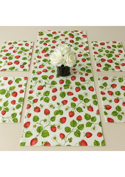 Çilek Desenli Masa Runner 35X120 cm ve Amerikan Servis Seti (4 Kişilik)