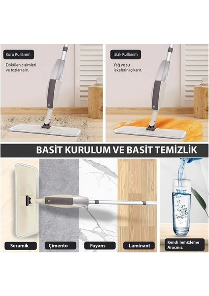 Mop Mikrofiber Bez Temizlik Seti Sprey Mop Su Deterjan Hazneli 360 Derece Dönen Paspas Temizlik Bezi