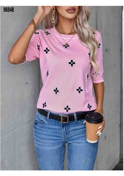 Kadın Kısa Kollu Çiçek Desen Bluz, Kırmızı Gül Figürlü Kolye Hediye fiyatları