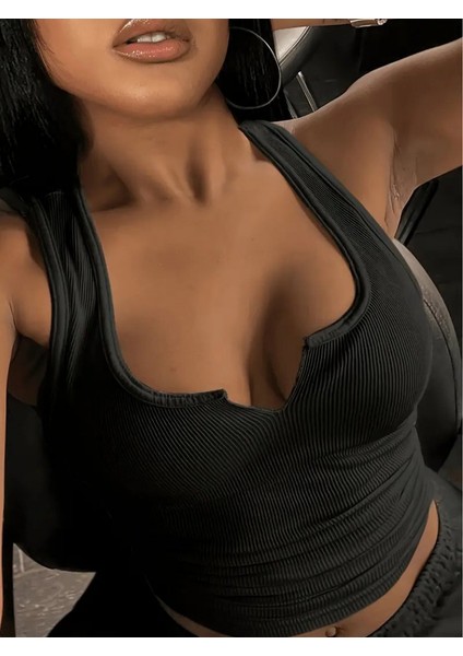 Kadın Kolsuz V Yakalı Kaşkorse Bluz