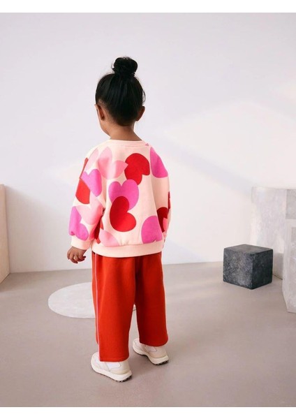 Kız Çocuk Pamuklu Kalp Desenli Sweatshirt ve Kırmızı Eşofman Takım fırsatları