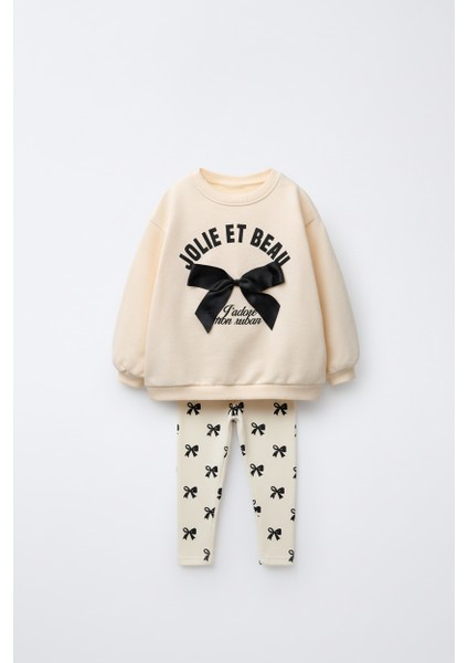 Kız Çocuk Pamuklu Fiyonk Detaylı Sweatshirt ve Desenli Tayt Takım