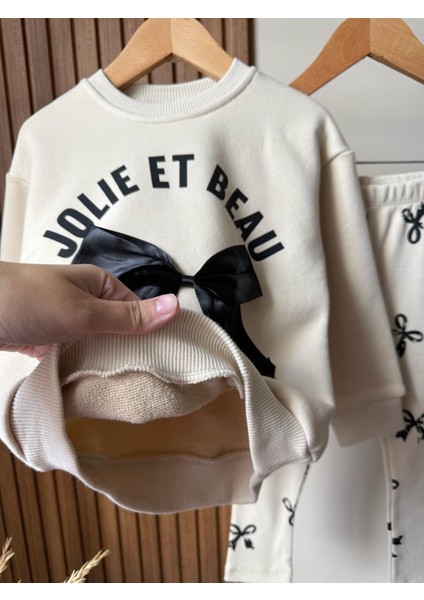 Kız Çocuk Pamuklu Fiyonk Detaylı Sweatshirt ve Desenli Tayt Takım modelleri