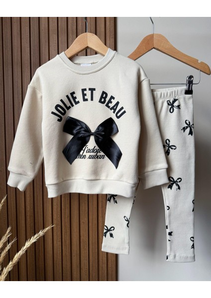 Kız Çocuk Pamuklu Fiyonk Detaylı Sweatshirt ve Desenli Tayt Takım fırsatları