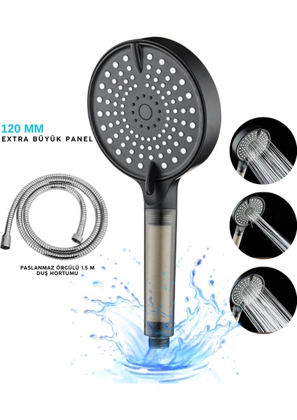 120 mm Filtreli Duş Başlığı + 1,5 M Paslanmaz Örgülü Duş Hortumu | Extra Büyük Panel, Basınç Artırıcı Su Jeti, Kolay Montaj