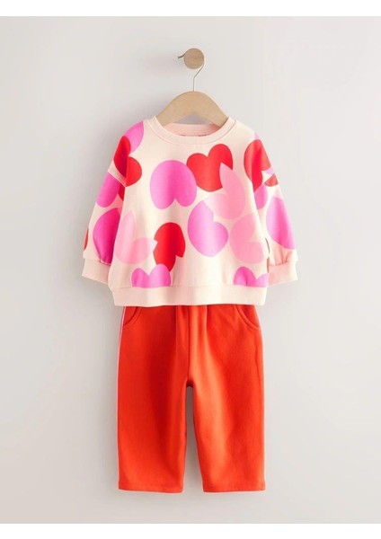 Kız Çocuk Pamuklu Kalp Desenli Sweatshirt ve Kırmızı Eşofman Takım