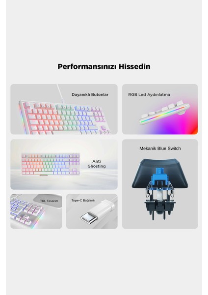 Claw Type-C Bağlantılı Tkl Blue Switch Mekanik Rainbow Antighosting Türkçe Q Gaming Oyuncu Klavyesi Beyaz fiyatları
