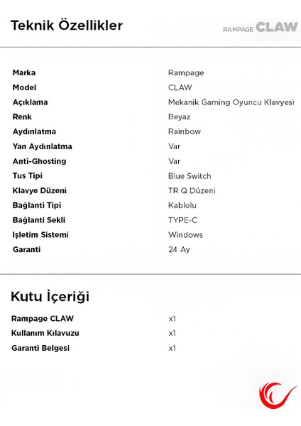 Claw Type-C Bağlantılı Tkl Blue Switch Mekanik Rainbow Antighosting Türkçe Q Gaming Oyuncu Klavyesi Beyaz