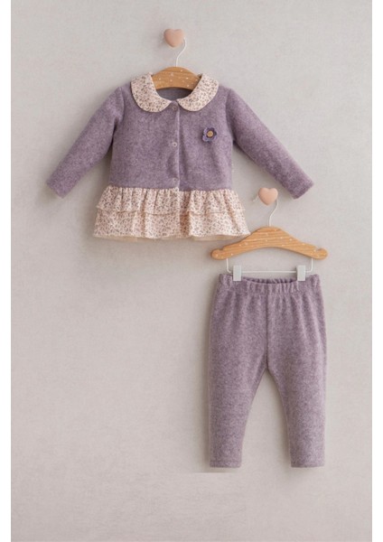 Kız Bebek Autumn Flowers Çiçek Figürlü Fırfır Detaylı 2'li Alt Üst Takım Mor