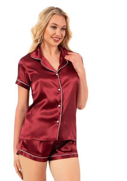 Kadın Kısa Kollu Saten Gecelik Şort Takımı 7847