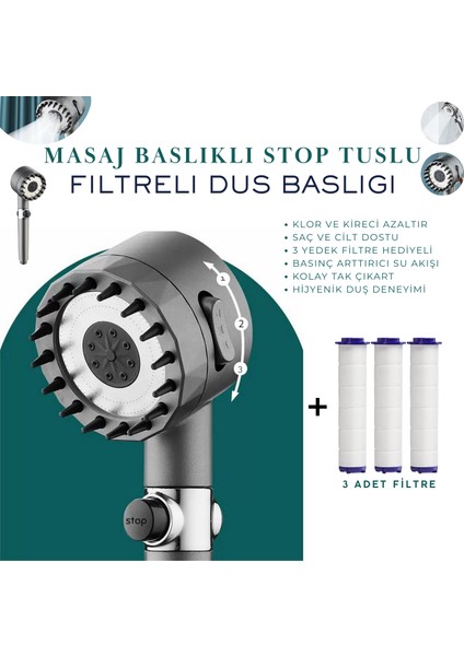 Masaj Başlıklı Stop Tuşlu Filtreli Duş Başlığı + 3 Adet Yedek Filtre | Basınç Artırıcı, Klor ve Kireç Önleyici, Saç ve Cilt Dostu