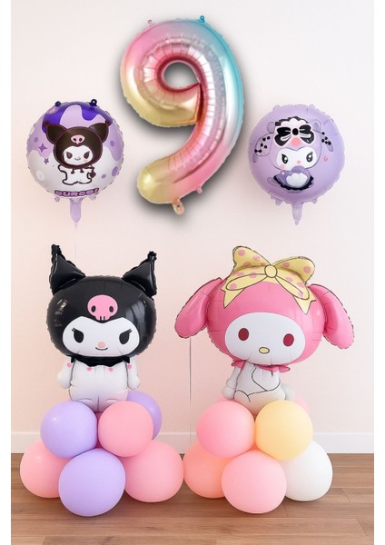 9 Yaş Kuromi ve My Melodi Balon Set Doğum Günü Balon Seti Gökkuşağı Rakam Helyum Uyumlu Uçan Balon
