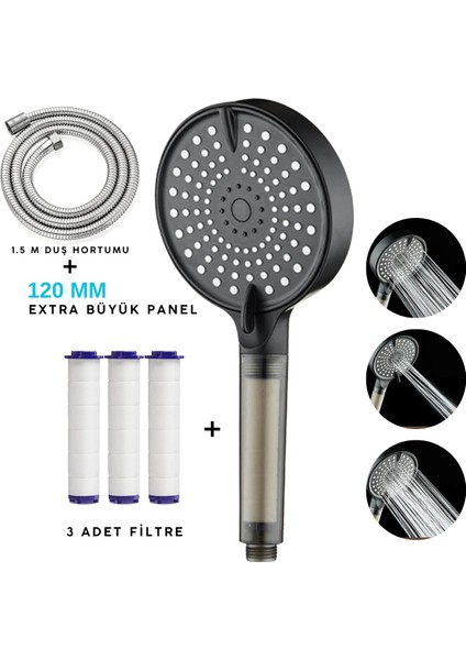 Geniş Kafalı Filtreli Duş Başlığı + 3 Yedek Filtre + 1,5 M Paslanmaz Hortum | Basınç Artırıcı, Klor ve Kireç Önleyici, Saç ve Cilt Dostu