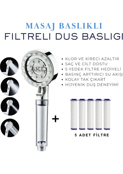 Masaj Başlıklı Filtreli Duş Başlığı + 5 Yedek Filtre | Basınç Artırıcı, Klor ve Kireç Önleyici, Saç ve Cilt Dostu