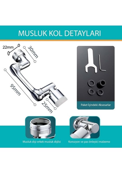 Robotik Kol Mutfak Banyo Musluk Başlığı 1080 Derece Dönebilen Evrensel 2 Modlu
