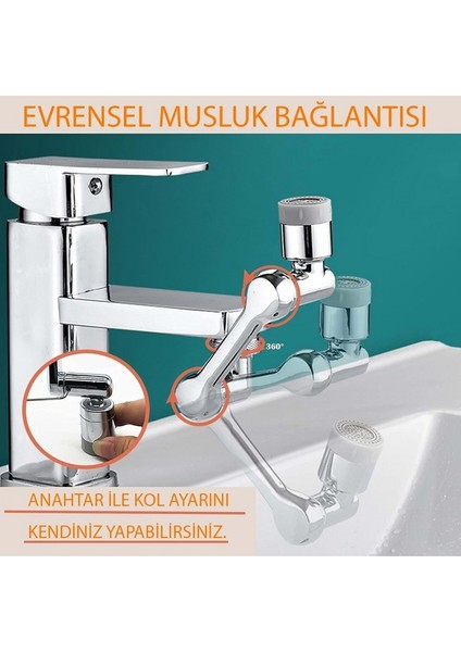 Robotik Kol Mutfak Banyo Musluk Başlığı 1080 Derece Dönebilen Evrensel 2 Modlu