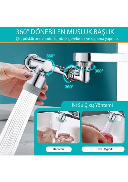 Robotik Kol Mutfak Banyo Musluk Başlığı 1080 Derece Dönebilen Evrensel 2 Modlu