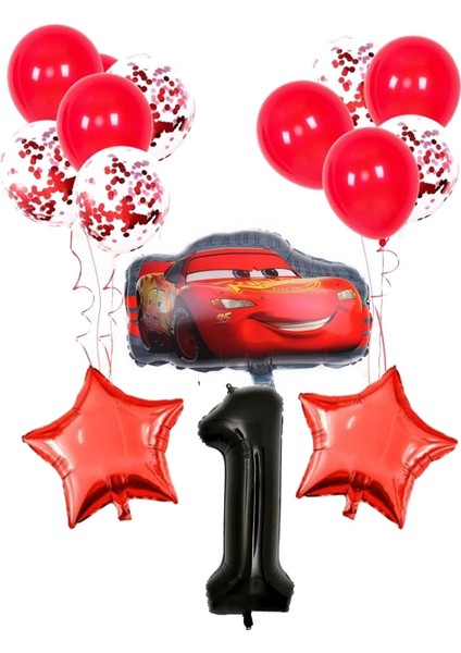 1 Yaş Siyah Rakam Balonlu Doğum Günü Parti Seti Arabalar Şimşek Balon Kırmızı Pullu Şeffaf Balon