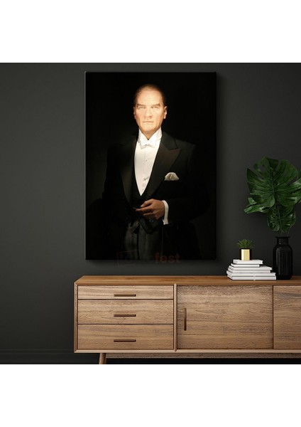 Smokinli Atatürk - Siyah Fonda Resmi Portre Kanvas Tablo