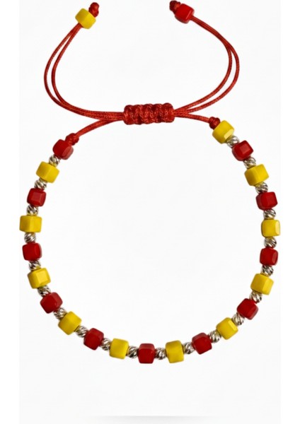 Tarzına Renk Kat: Unisex Gümüş Dorikalı Ipli Sarı-Kırmızı Küp Boncuk Erkek Bileklik