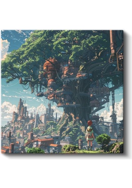 Devasa Ağaç Şehri - Ghibli Tarzı Anime Kanvas Tablo fiyatları