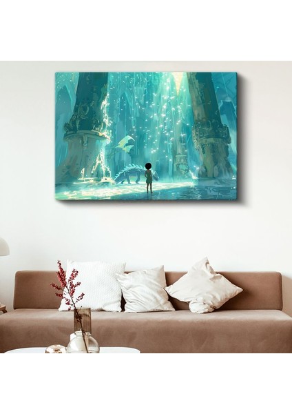 Antik Tapınak - Turkuaz Işıklı Sütunlar Anime Kanvas Tablo