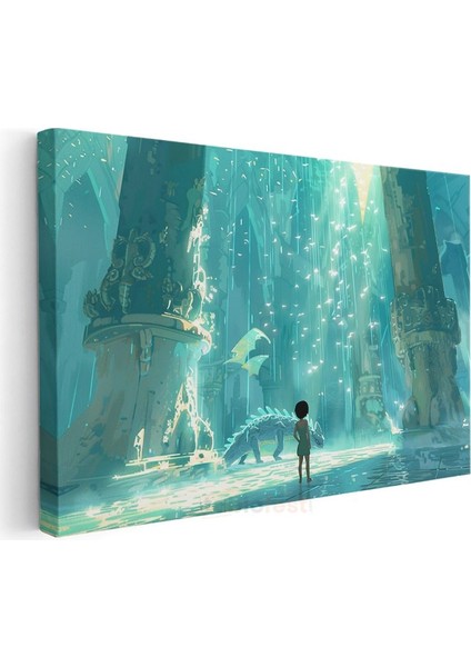 Antik Tapınak - Turkuaz Işıklı Sütunlar Anime Kanvas Tablo modelleri