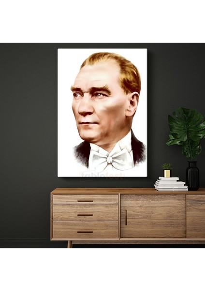 Beyaz Papyonlu Atatürk - Modern Çizgili Portre Kanvas Tablo