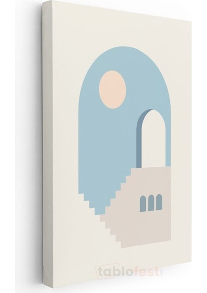 Geometrik Mimari - Mavi Tonlarında Minimalist Merdiven ve Kemer Kanvas Tablo modelleri