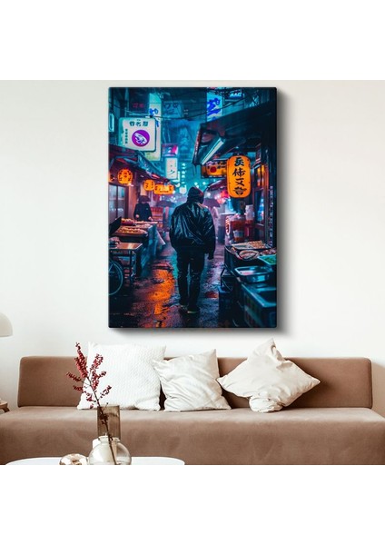 Yağmurlu Gece Sokağı - Neon Işıklı Anime Kanvas Tablo