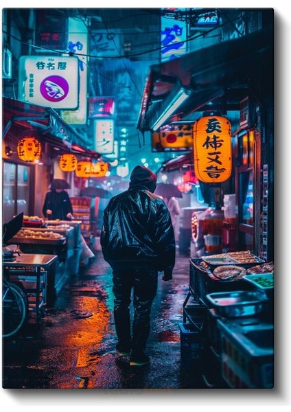 Yağmurlu Gece Sokağı - Neon Işıklı Anime Kanvas Tablo fiyatları