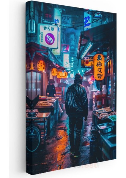 Yağmurlu Gece Sokağı - Neon Işıklı Anime Kanvas Tablo modelleri